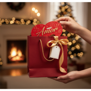 Close-up of hands placing a red, heart-shaped 'Amor' milk chocolate truffle gift box into a festive red gift bag with a gold ribbon and blank gift tag. The background features warm, blurred holiday lighting from a Christmas tree and a cozy fireplace, setting a romantic and celebratory gift-giving scene perfect for Valentine's Day or holiday occasions. The image emphasizes thoughtfulness and the act of giving a premium chocolate present.