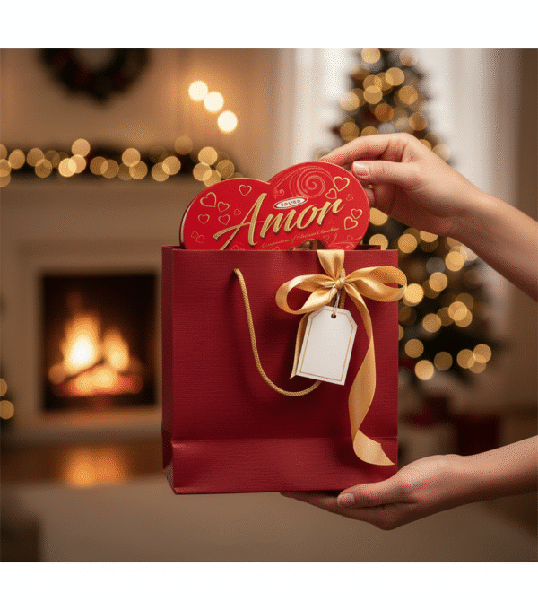 Close-up of hands placing a red, heart-shaped 'Amor' milk chocolate truffle gift box into a festive red gift bag with a gold ribbon and blank gift tag. The background features warm, blurred holiday lighting from a Christmas tree and a cozy fireplace, setting a romantic and celebratory gift-giving scene perfect for Valentine's Day or holiday occasions. The image emphasizes thoughtfulness and the act of giving a premium chocolate present.
