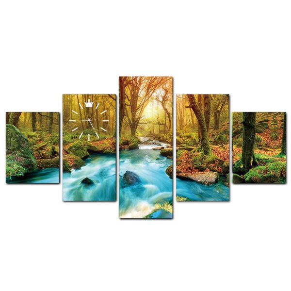 Forest View Luxury 5 Panel Wall Art and Clock - Image 2
