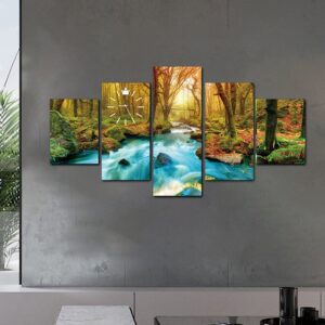 Forest View Luxury 5 Panel Wall Art and Clock